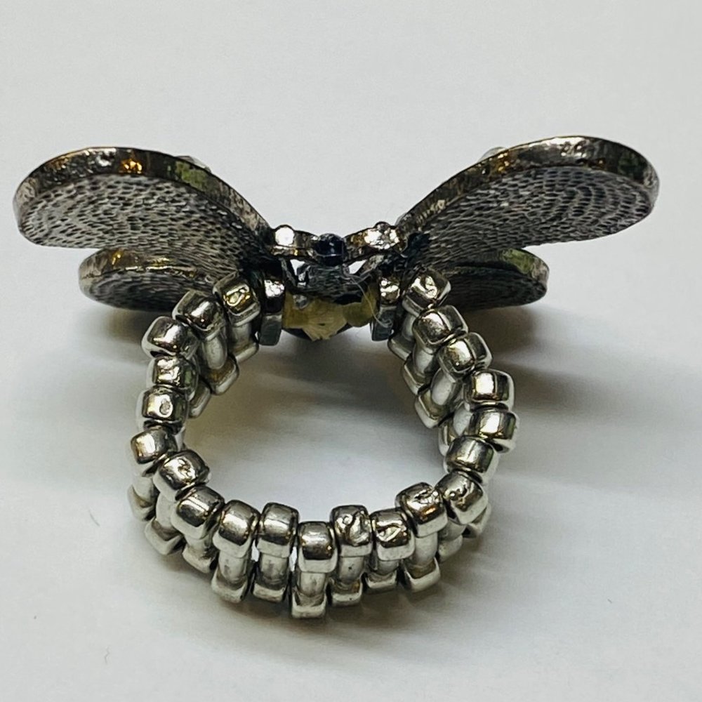 Ring Stretch Butterfly Shape Women Rhinestone Accents Enamel Silver Color Metal - Picture 5 of 16